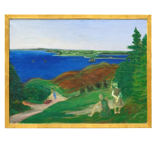 Jens Søndergaard maleri med motiv fra Limfjorden. Jens Søndergaard, 1895-1957, olie på lærred. Signeret og dateret 1936. Betitlet "Sommerlandskab" visende udsigt fra Toftum Bjerge mod Oddesund. Lysmål: 93x123cm. Med ramme: 102x132cm