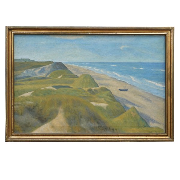 Niels Bjerre, 1864-1942, olie på lærred. Stranden ved Harboøre. Signeret og dateret 1921. Lysmål: 53x81cm. Med ramme: 62x90cm
