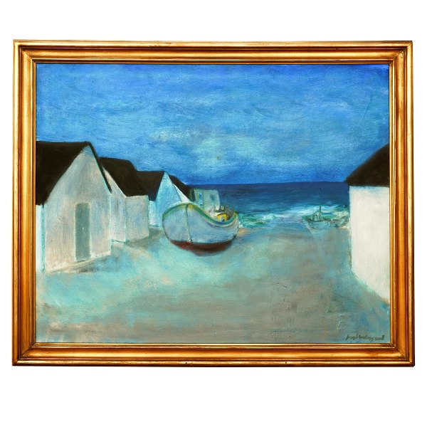 Jens Søndergaard, 1895-1957, oil on canvas. Boats at the beach. Signed. Visible size: 78x99cm. With frame: 92x112cm