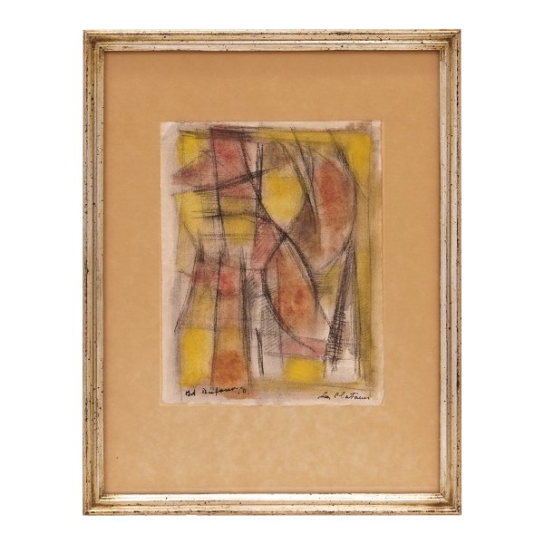 Bernard Dufour, 1922-2016, komposition, mixed media på papir. Signeret og dateret 1950. Lysmål: 17x13cm. Med ramme: 29x22cm