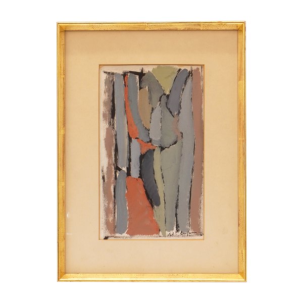 Bernard Dufour, 1922-2016, komposition, mixed media på papir. Signeret. Lysmål: 23x14cm. Med ramme: 35x25cm