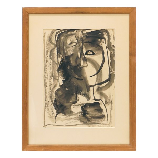 Mogens Andersen kubistisk portræt. Mogens Andersen, 1916-2003, kubistisk portræt, mixed media på papir. Signeret og dateret 1952. Lysmål: 40x29,5cm. Med ramme: 58x46cm