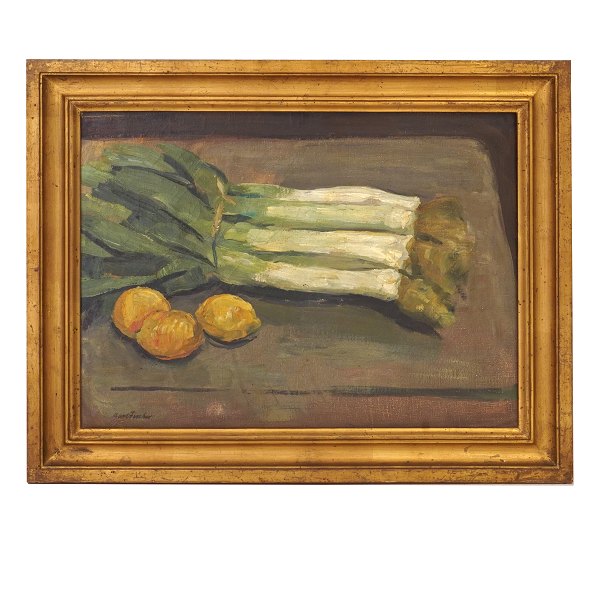 Carl Fischer, 1887-1962, oil on canvas. Stillife with lemons and leeks. Signed. Visible size: 43x59cm. With frame: 57x73cm