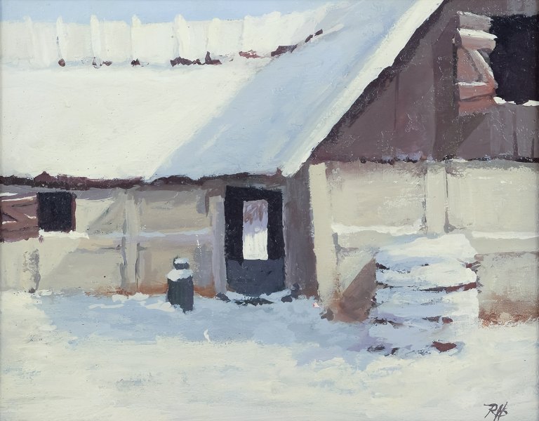 Roald Hansen (f. 1938), dansk maler. Olie på lærred.Eksteriør af gård, vinterlandskab.