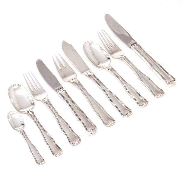 Harald Nielsen 1947 for Georg Jensen sterlingsilver cutlery Old Danish for 12 persons + fish cutlery for six persons + 10 serving peices. 106 pieces all in all.