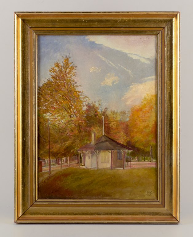 Jeppe Madsen-Ohlsen (b. 1891), well listed Danish painter.Oil on canvas.Motif of pavilion in Christiansfeld.