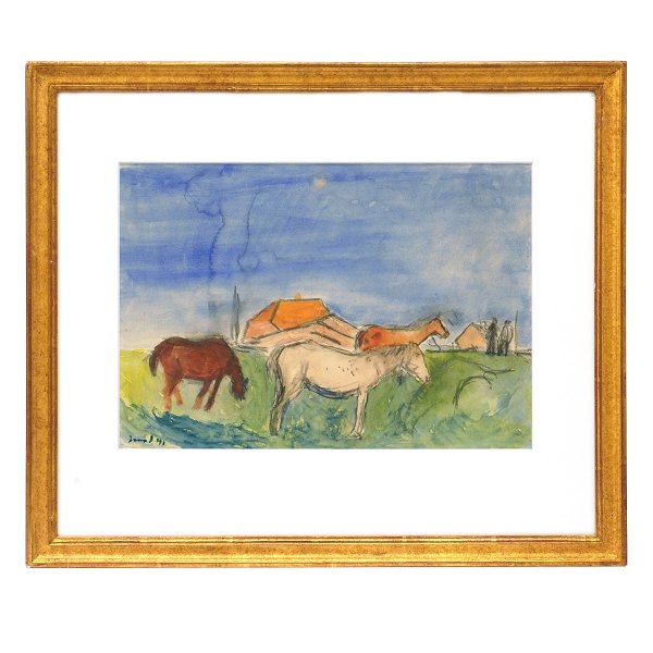 Jens Søndergaard akvarel. Jens Søndergaard, 1895-1957, akvarel med motiv i form af heste på mark med huse og personer i baggrunden. Signeret og dateret 1941. Lysmål: 25,5x36,5cm. Med ramme: 45x53cm