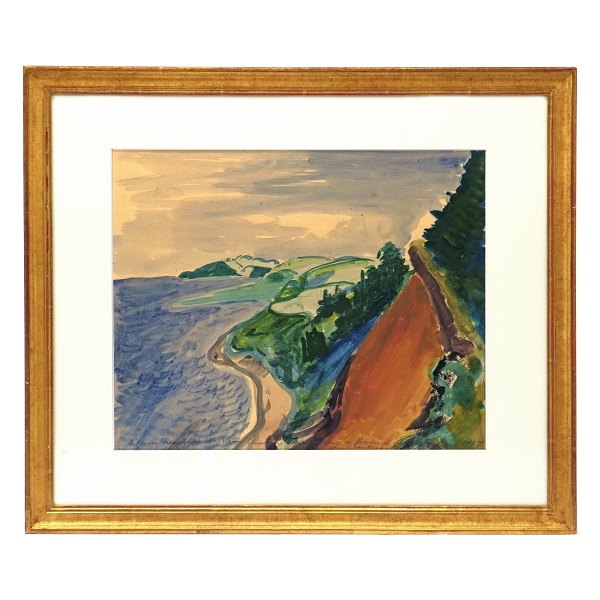 Jens Søndergaard akvarel. Jens Søndergaard, 1895-1957, akvarel med motiv i form af Limfjordslandskab, udsigten fra Toftum Bjerge mod Oddesund. Signeret og dateret 1937. Lysmål: 29x36cm. Med ramme: 45x53cm