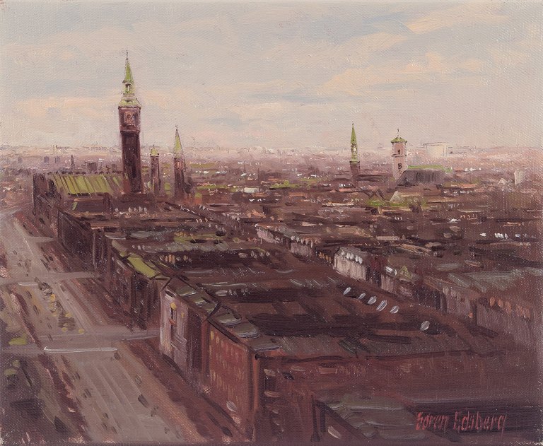 Søren Edsberg, Danish artist. Oil on canvas.Cityscape of Copenhagen seen from above.