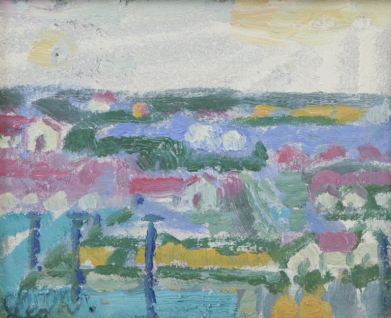 Leo Thellefsen (1909 - 1997), oil on board. Modernist landscape.