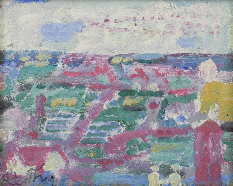 Leo Thellefsen (1909 - 1997), olie på plade. Modernistisk landskab.
