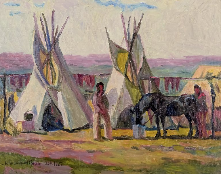John Emanuel Carlson (født 16. juli 1896 i Överselö, død 31. marts 1979 i Sundbyberg), svensk kunstmaler. Olie på plade.Motiv af lejr med indfødte. Pine Ridge Reservation – USA.