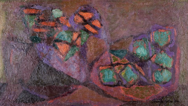 Sven Olof Jakobsson (1917-1952), svensk kunstmaler.Olie på lærred.Abstrakt stilleben.