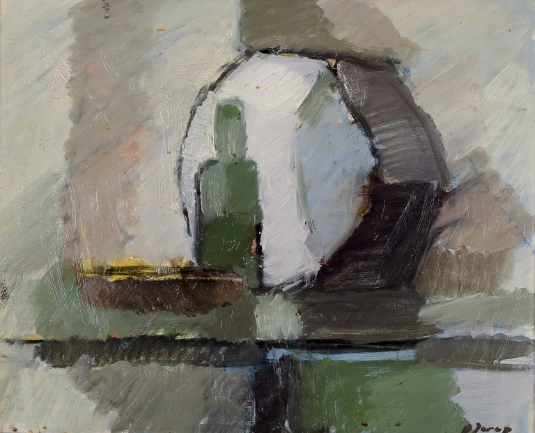 Edvin Järup (1922-2016), svensk kunstmaler. Olie på plade.Abstrakt stilleben.Koloristisk palette.