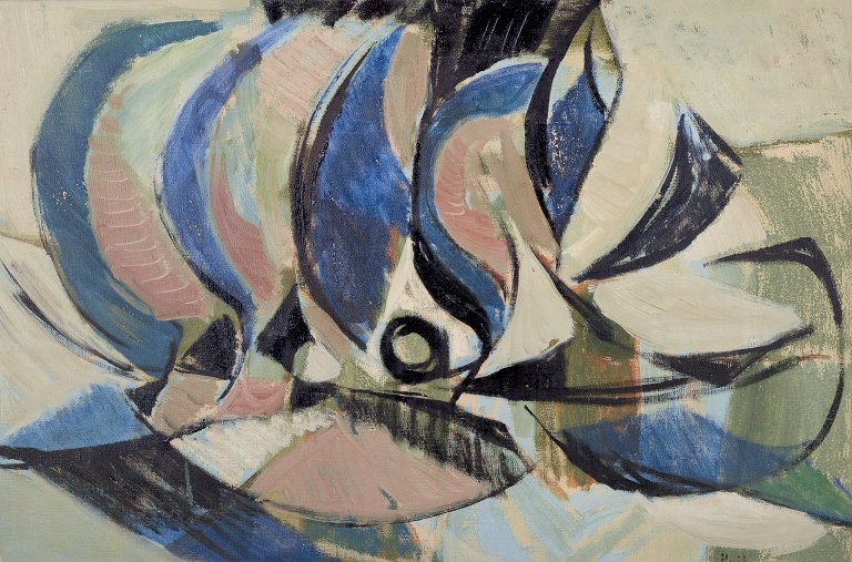 Thorsten Hult (f. 1922), svensk kunstmaler. Olie på plade.Abstrakt komposition.Farverig palette.