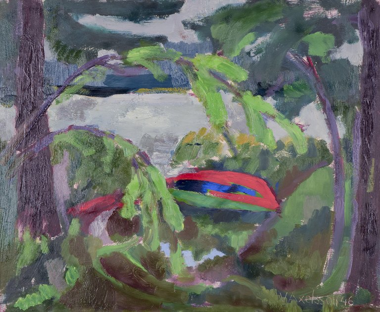 V. Axelsson, svensk kunstner.Olie på malerplade.Modernistisk landskab.