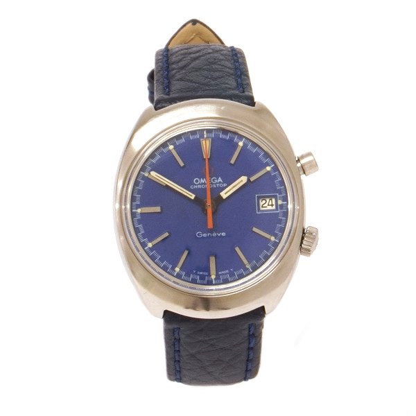 Omega Chronostop Geneve årgang ca. 1966 caliber 920 med blå skive. Nyserviceret med ny rem. Urkasse: 35x40mm