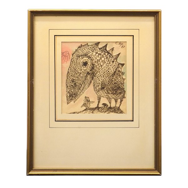 Carl-Henning Pedersen, 1913-2007, mixed media, akvarel og blæk. Figur komposition signeret og dateret 1947. Lysmål: 16x14cm. Med ramme: 33x26cm