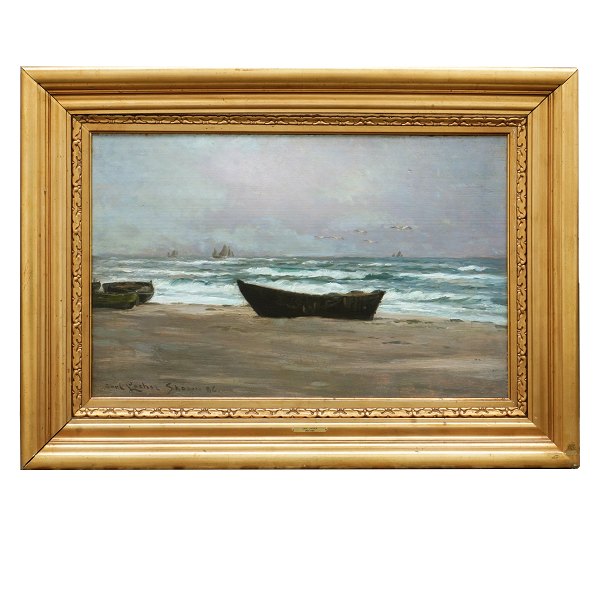 Carl Locher Skagen. Carl Locher, 1851-1915, olie på træ. Betitlet "Paalandsstorm Skagen Sønderstrand 1886". Signeret og dateret 1886. Lysmål: 47x75cm. Med ramme 71x99cm