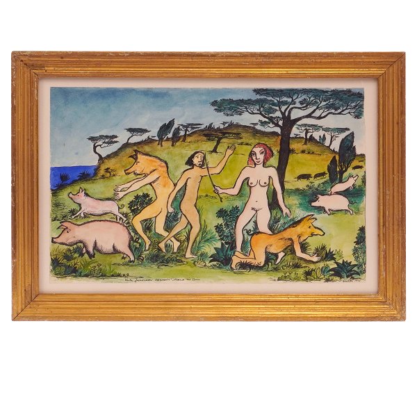 Hans Scherfig, 1905-79, mixed media. Indian ink and water color on paper. Signed and dated 1943. Visible size: 21x33,5cm. With frame: 28,5x41cm