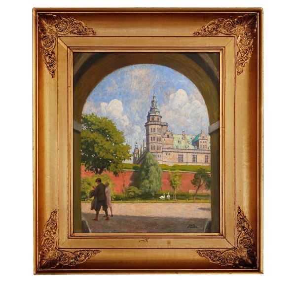 Paul Fischer painting. Paul Fischer, 1860-1934, oil on plate. View at Kronborg Castle, Copenhagen. Signed Paul Fischer. Visible size: 38x31cm. With frame: 55x48cm