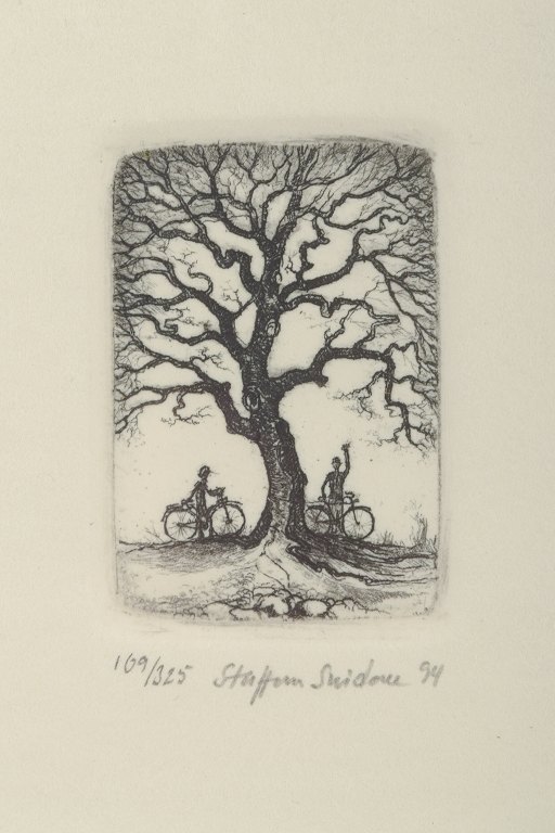 Staffan Snidare (b. 1939, Stockholm) – Swedish graphic artist.Two People Cycling in the ForestMedium: Lithograph.