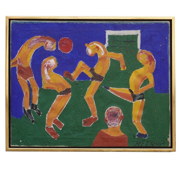 Henry Heerup maleri. Henry Heerup, 1907-93, olie på lærred. Motiv i form af fodboldspillere. Signeret Heerup. Lysmål: 57x70cm. Med ramme: 61x74cm