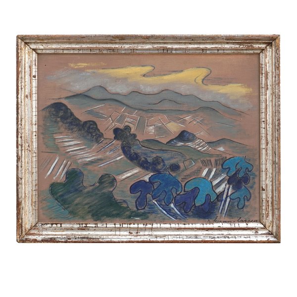 Rita Kernn Larsen, 1904-98, olie på træ. Landskab med bjerge. Signeret og bagside dateret 1948. Lysmål: 25x32cm. Med ramme: 31x38cm