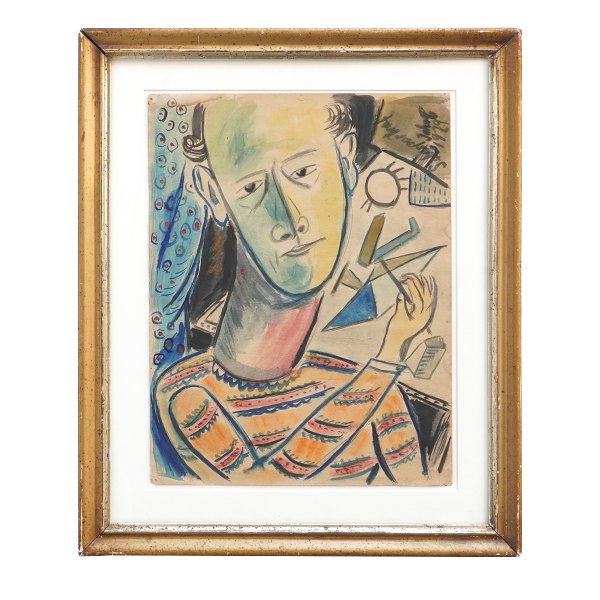 Barbermaleren John Christensen, 1896-1940, akvarel. Selvportræt signeret og dateret 1929. Lysmål: 34x25cm. Med ramme: 46x37cm