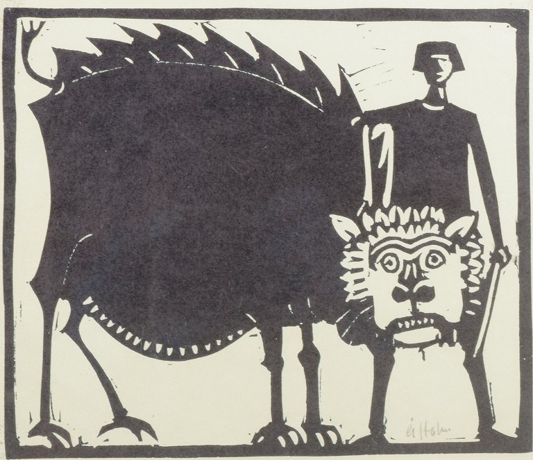 Åke Holm, Sweden.Woodcut, Daniel in the Lion’s Den, 1970s.