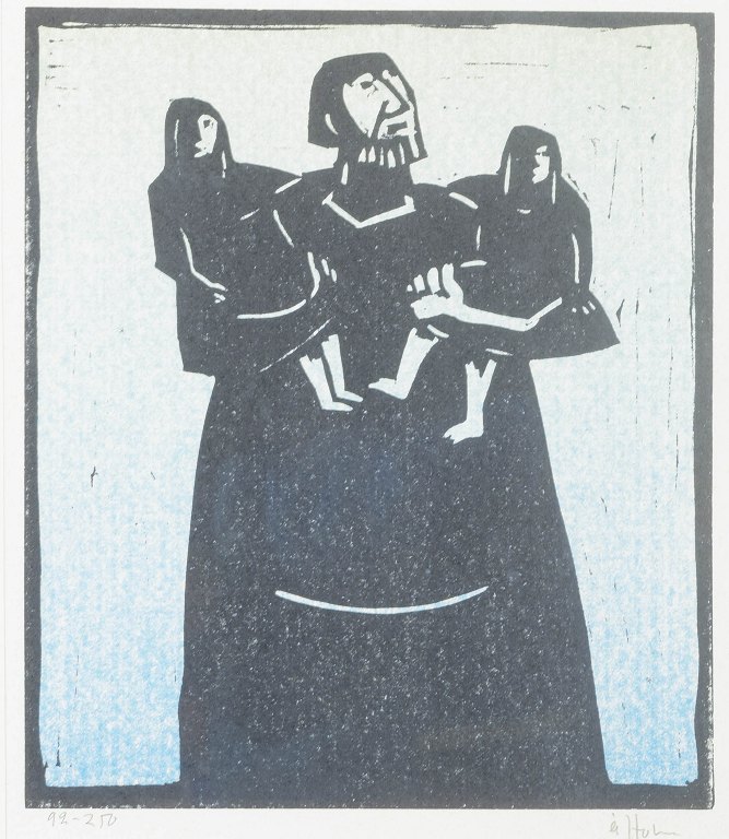 Åke Holm, Sweden.Woodcut, Laban and his Daughters, 1978.