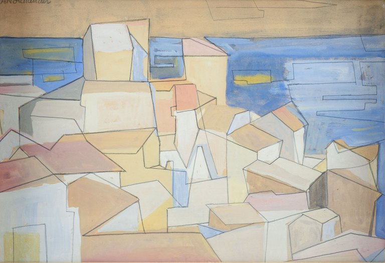 Pär Nordlander (1920–2001). Abstract cityscape by the sea.Mixed media on paper.