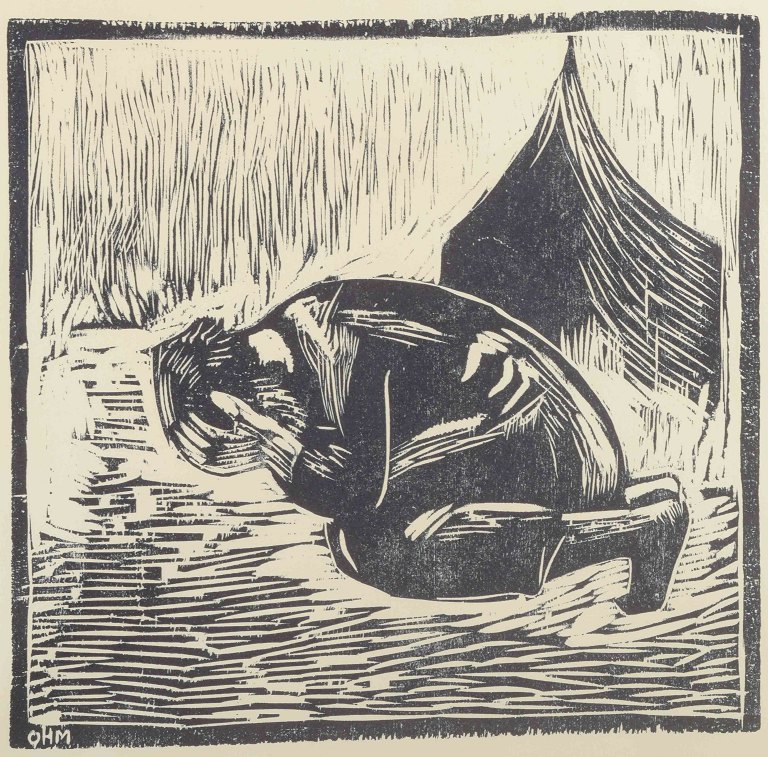 Olivia Holm-Møller, Denmark.Woodcut depicting a kneeling figure in front of a tent. Signed with the monogram "OHM".