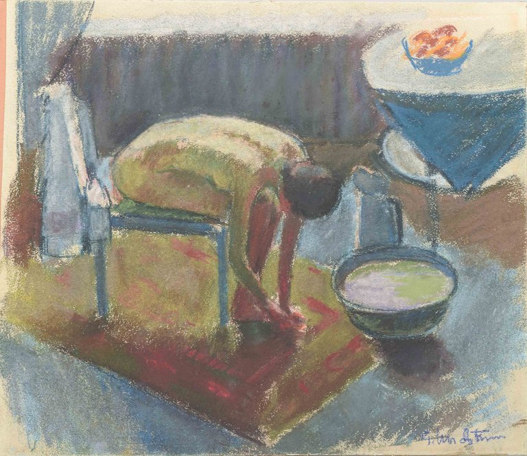 Skandinavisk kunstnerKomposition med siddende figur ved vaskefad.Kridt / pastel (crayon) på papir.
