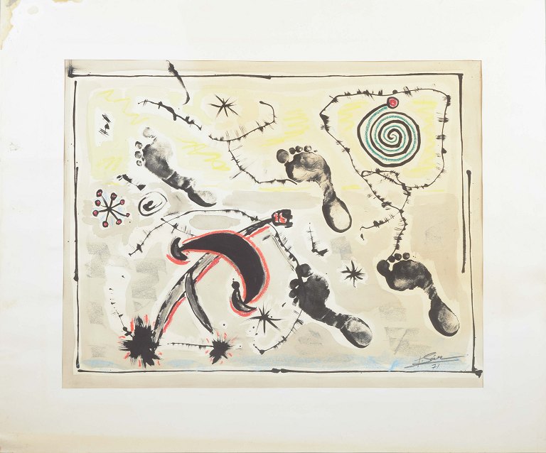 Unknown artistComposition with footprints, spiral and abstract forms.Mixed media on paper.