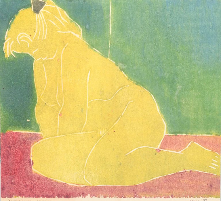 Bragi Ásgeirsson (1931–2016)Aktstudie.Farvetræsnit i gule, grønne og røde toner.