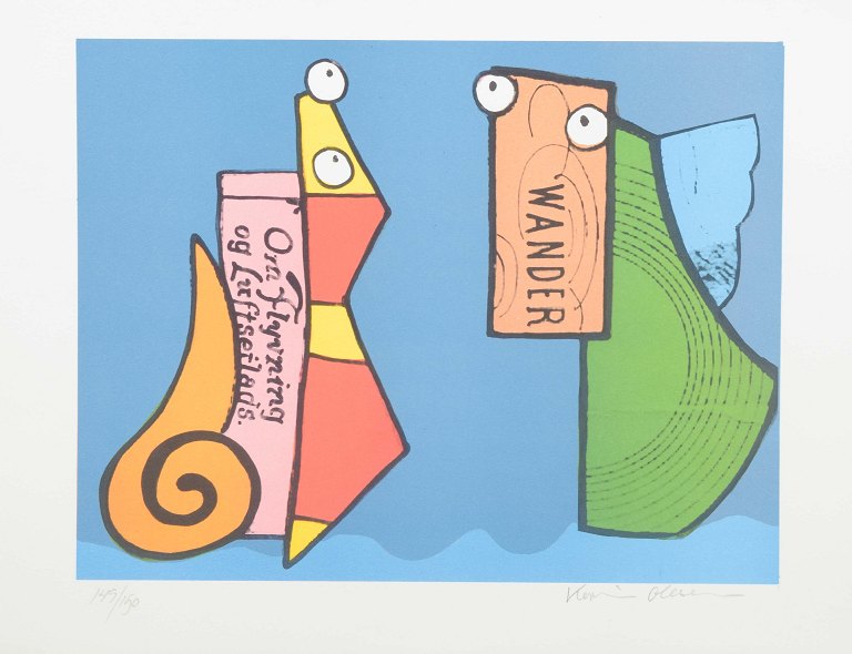 Karin OlesenColor lithograph in bright tones, abstract composition with figures and text.