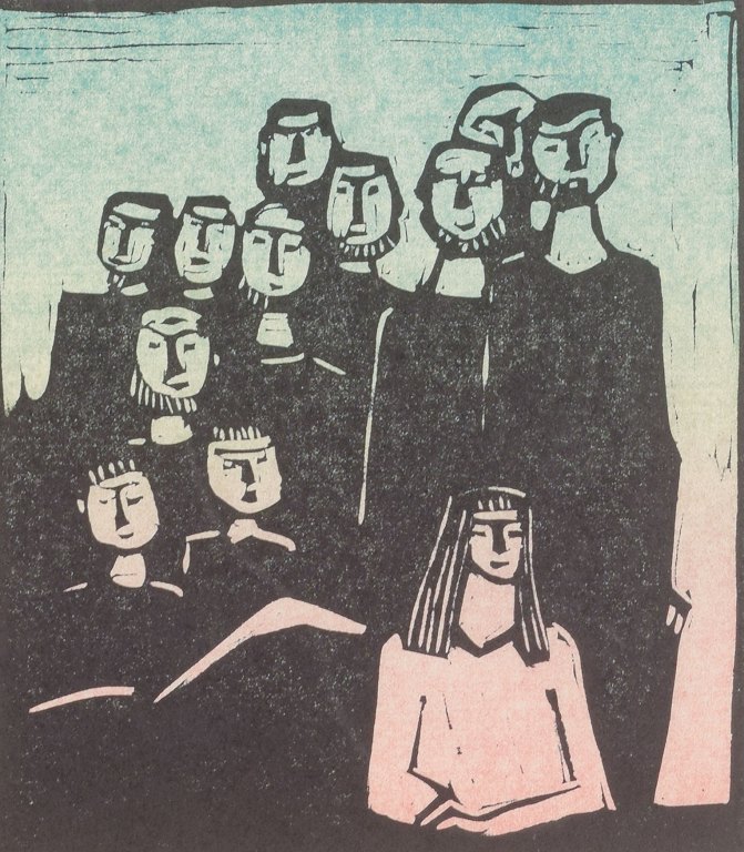 Åke HolmTræsnit med gruppefigurer.Farvetryk i sort, rosa og blå toner.