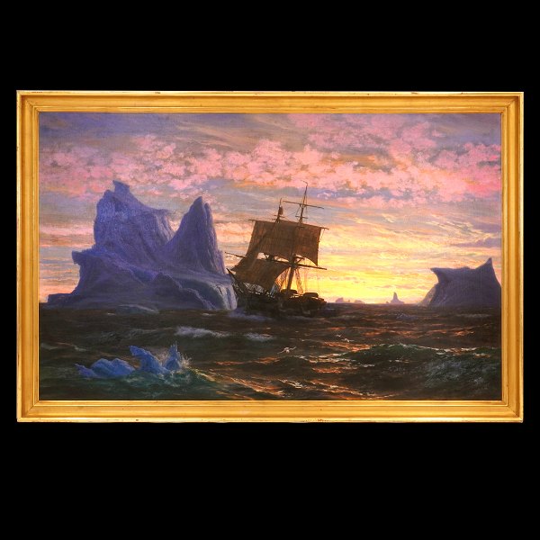I E C Rasmussen parti fra Grønland med skib, isbjerge og midnatsstemning. Jens Erik Carl Rasmussen, 1841-93, olie på lærred. Signeret og dateret 1872. Lysmål: 98x156cm. Med ramme: 112x170cm
