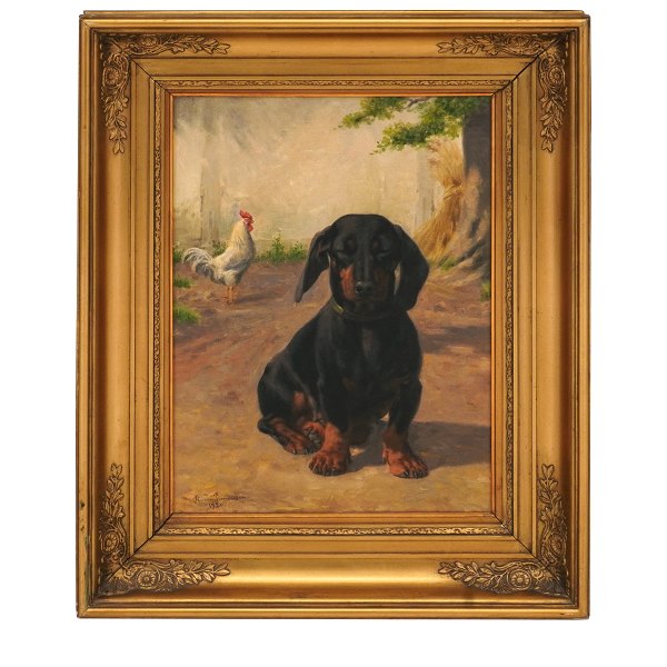 Simon Simonsen, 1841-1928, oil on canvas. Dachshound. Signed and dated 1920. Visible size: 38x27cm. With frame: 54x43cm
