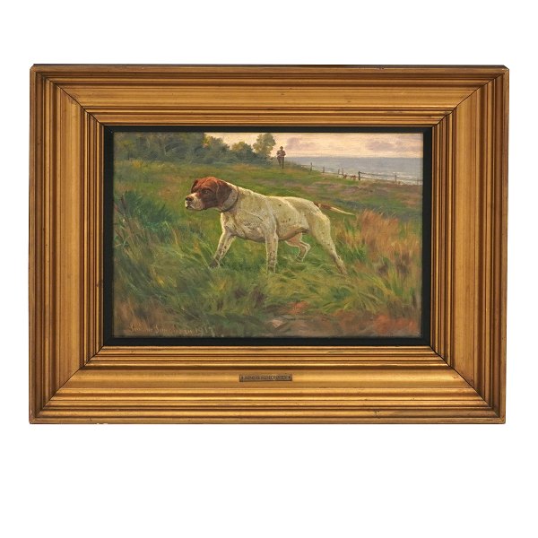 Simon Simonsen, 1841-1928, oil on canvas. Pointer with hunter. Signed and dated 1917. Visible size: 23x32cm. With frame: 39x48cm