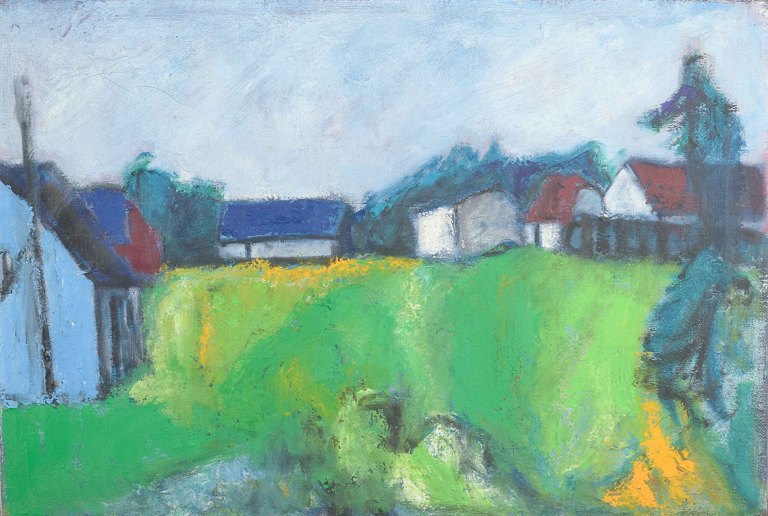 Johnny Madsen, dansk kunstner.Parti med hus.Olie på lærred.