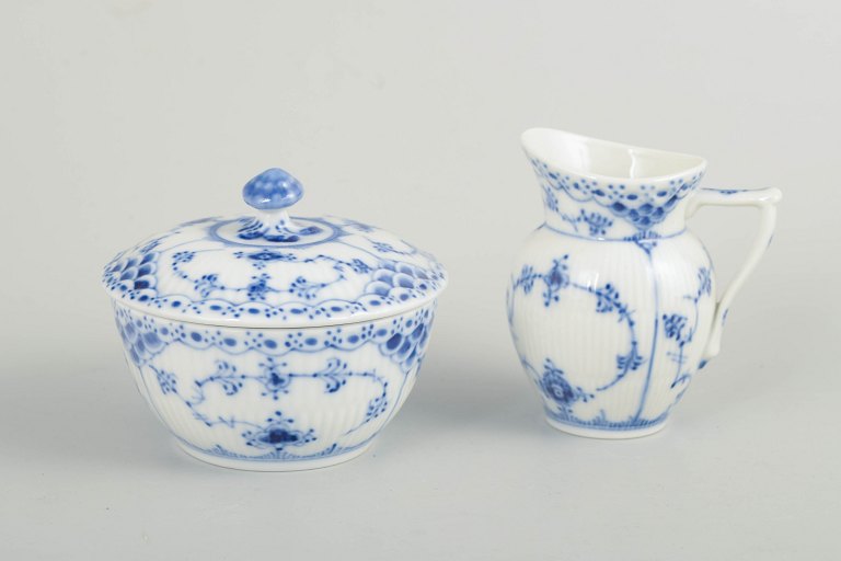 Royal Copenhagen Blue Fluted Half Lace, sugar bowl and creamer.