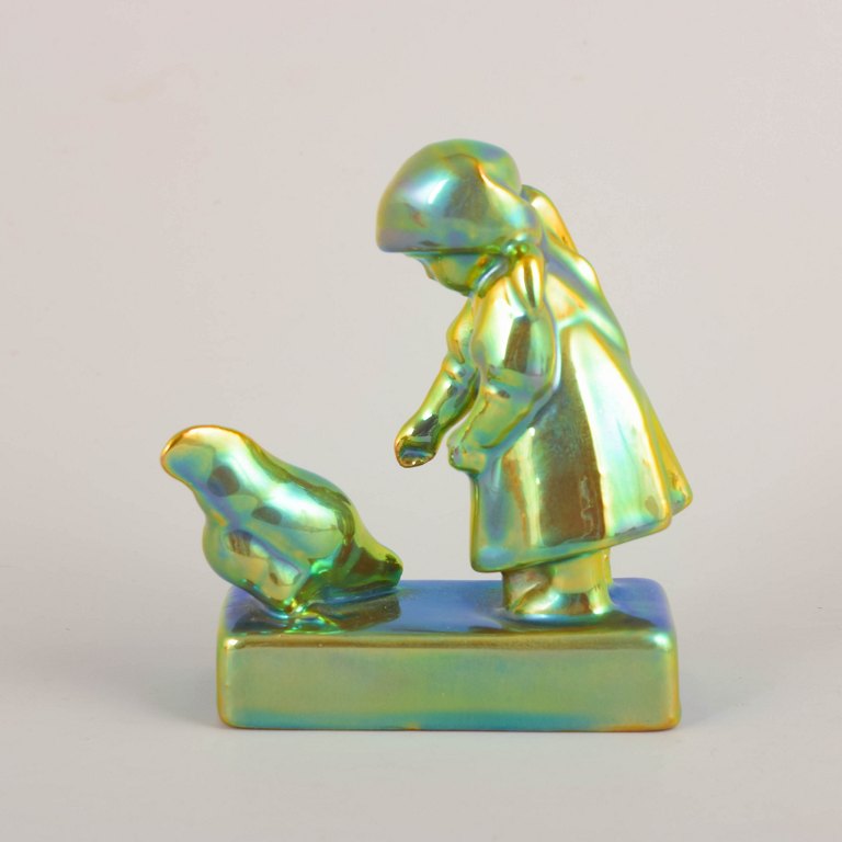 Zsolnay, girl with chicken in eosin glaze.