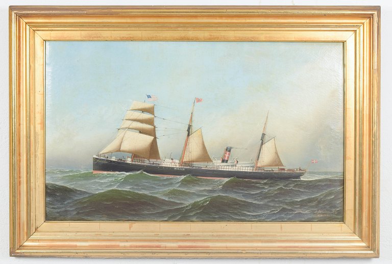 Antonio Jacobsen, marine painting, listed Danish-American artist.