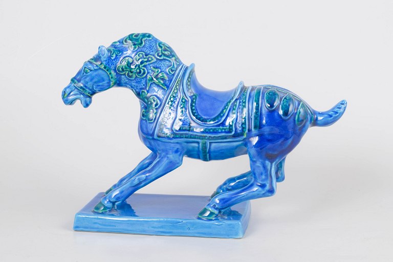 Aldo Londi for Bitossi, large azure blue horse sculpture.