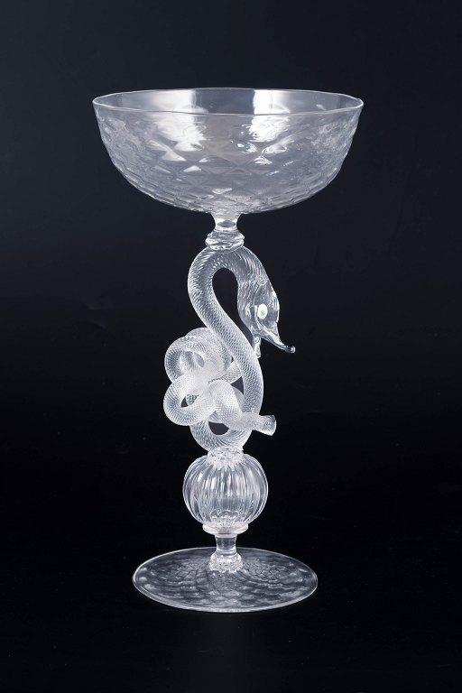 Tobias Møhl, unique art glass goblet with serpent-form stem.