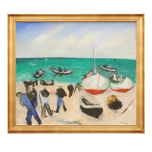 Jens Søndergaard maleri. Jens Søndergaard, 1895-1957, olie på lærred. Motiv med fiskere og fiskerbåde på strand. Signeret Jens Søndergaard. Lysmål: 86x99cm. Med ramme: 98x111cm