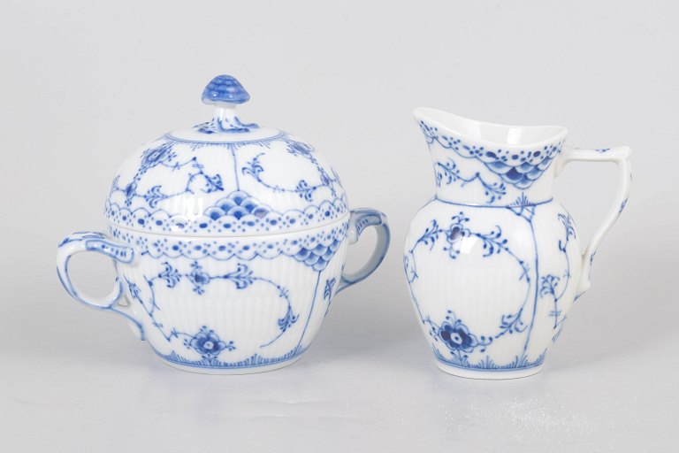 Royal Copenhagen Blue Fluted Half Lace sugar bowl and creamer, model 1/605 and 1/522.