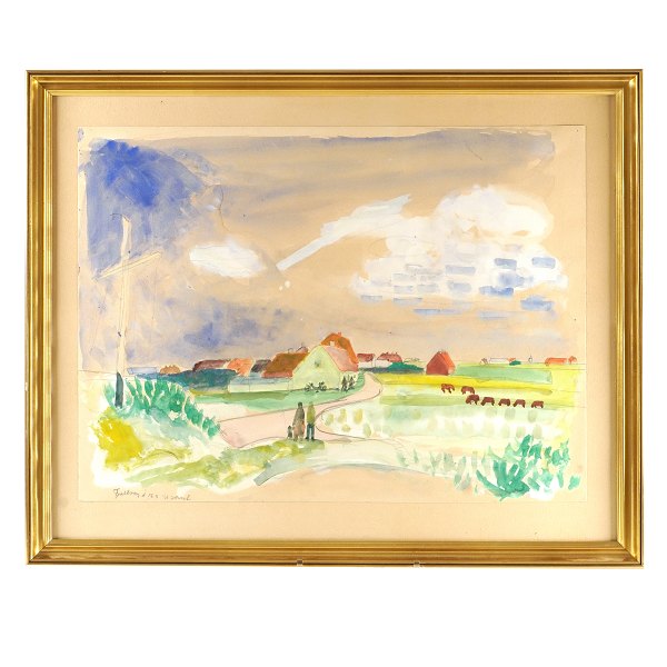 Jens Søndergaard akvarel. Jens Søndergaard, 1895-1957, akvarel fra Fjaltring signeret og dateret 18.8.46. Lysmål: 41x55cm. Med ramme: 54x66cm